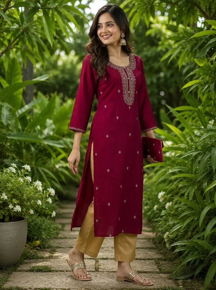 Floral Maroon Embroidered Silk Blend A-Line Festive Women's Kurta