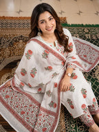 Elegant Floral Cotton Rayon Kurta Set with Dupatta & Printed Pants