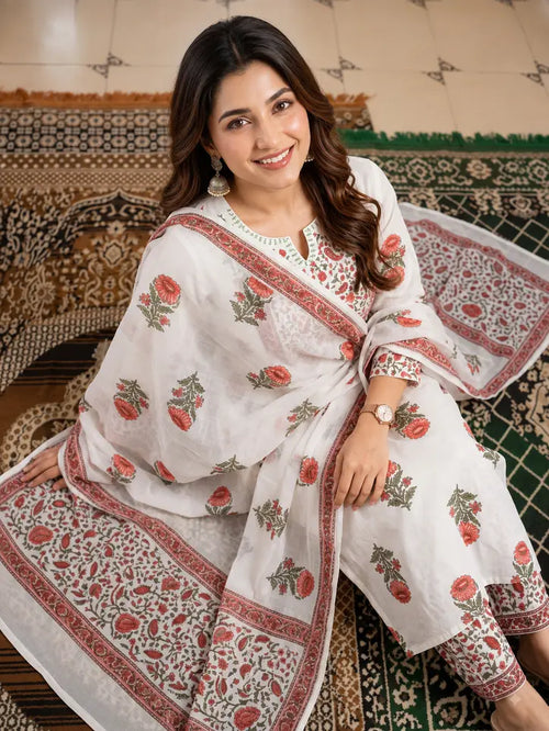 Elegant Floral Cotton Rayon Kurta Set with Dupatta & Printed Pants