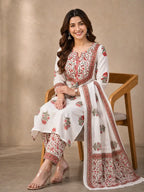 Elegant Floral Cotton Rayon Kurta Set with Dupatta & Printed Pants