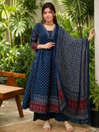 Floral A-Line Kurta Set with Matching Pants and Soft Mulmul Dupatta