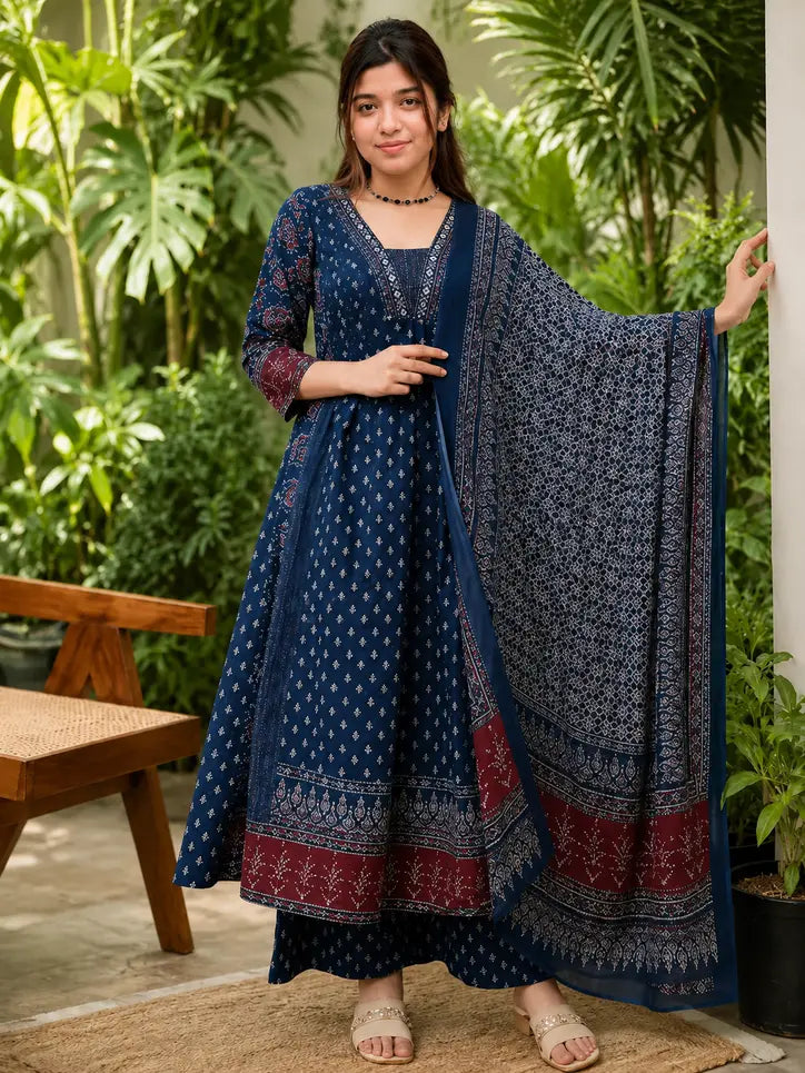 Floral A-Line Kurta Set with Matching Pants and Soft Mulmul Dupatta