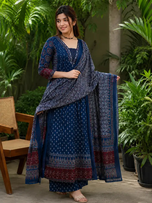 Floral A-Line Kurta Set with Matching Pants and Soft Mulmul Dupatta