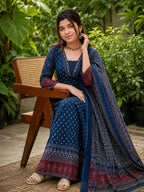 Floral A-Line Kurta Set with Matching Pants and Soft Mulmul Dupatta