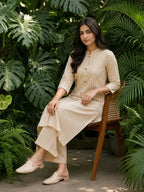 Beige Striped Cotton Kurta Set with Pants for Women