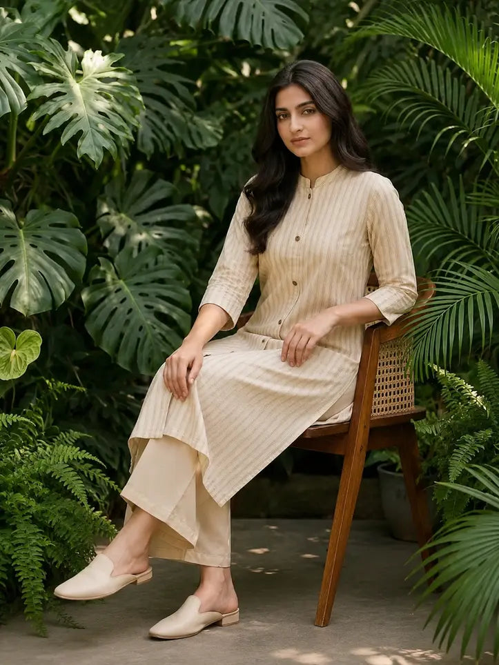 Beige Striped Cotton Kurta Set with Pants for Women