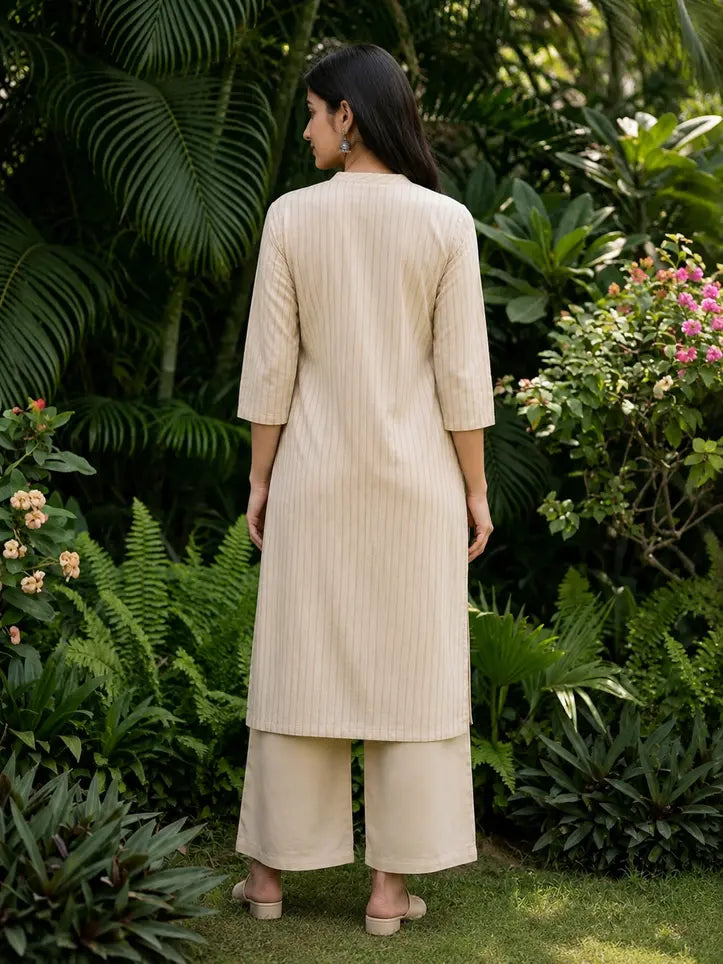 Beige Striped Cotton Kurta Set with Pants for Women