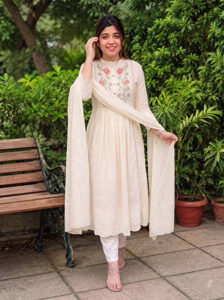 White Floral Khadi Cotton A-Line Kurta Set with Dupatta & Pants