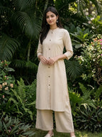 Beige Striped Cotton Kurta Set with Pants for Women