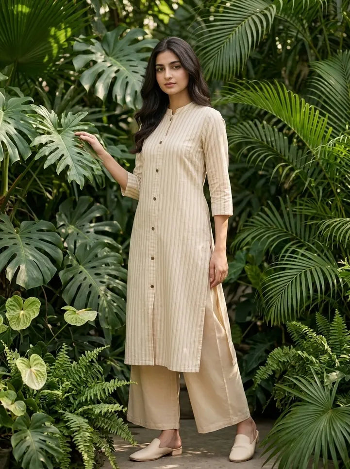 Beige Striped Cotton Kurta Set with Pants for Women