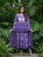 Lavender Embroidered Rayon Kurta Set with Chiffon Dupatta