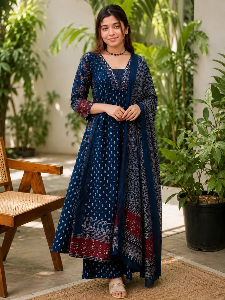 Floral A-Line Kurta Set with Matching Pants and Soft Mulmul Dupatta