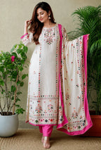 White Floral Kora Muslin Kurta with Pink Pants & Dupatta