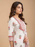 Elegant Floral Cotton Rayon Kurta Set with Dupatta & Printed Pants