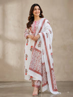 Elegant Floral Cotton Rayon Kurta Set with Dupatta & Printed Pants