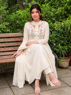 White Floral Khadi Cotton A-Line Kurta Set with Dupatta & Pants