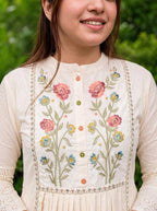 White Floral Khadi Cotton A-Line Kurta Set with Dupatta & Pants
