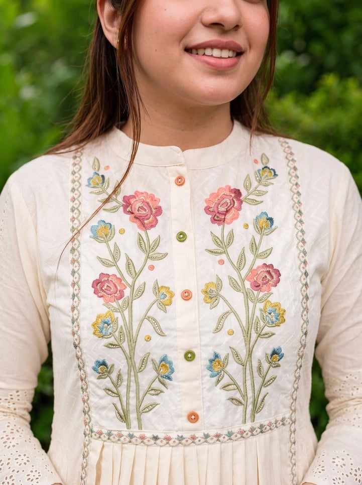 White Floral Khadi Cotton A-Line Kurta Set with Dupatta & Pants