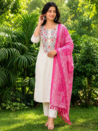 Elegant Floral Khadi Cotton Kurta Set with Dupatta & Pants