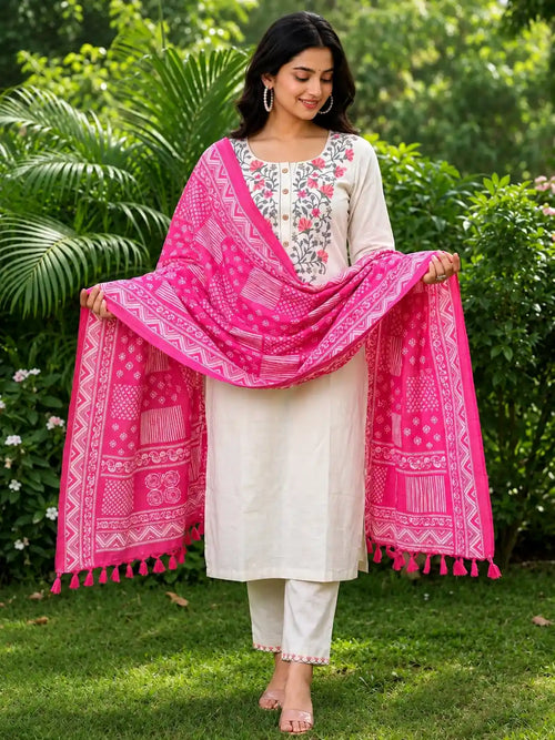 Elegant Floral Khadi Cotton Kurta Set with Dupatta & Pants
