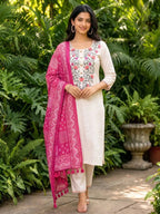 Elegant Floral Khadi Cotton Kurta Set with Dupatta & Pants