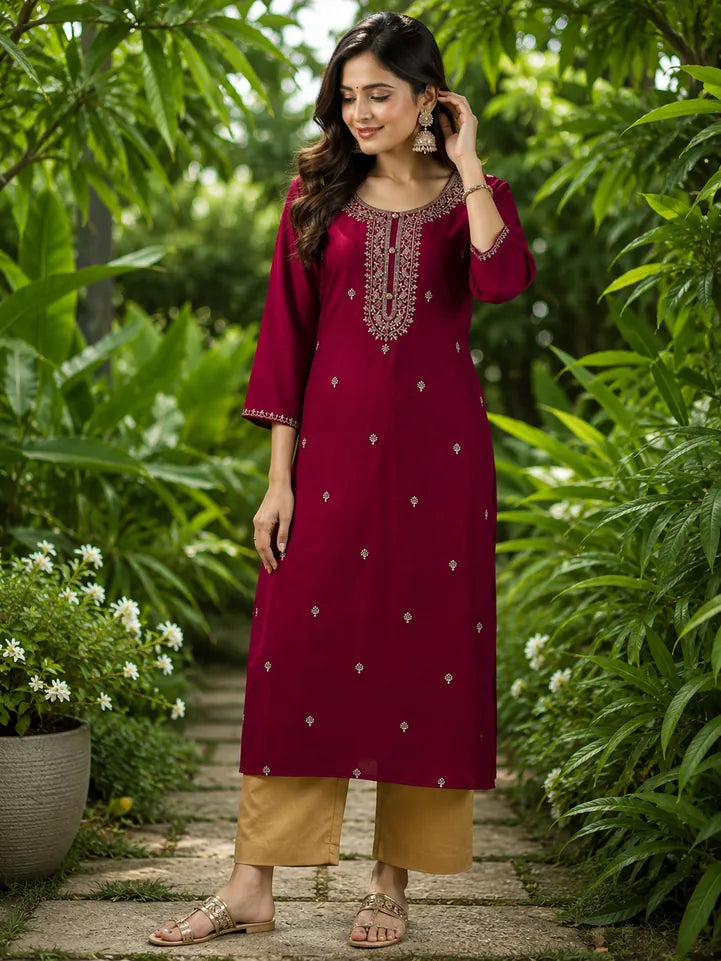 Floral Maroon Embroidered Silk Blend A-Line Festive Women's Kurta