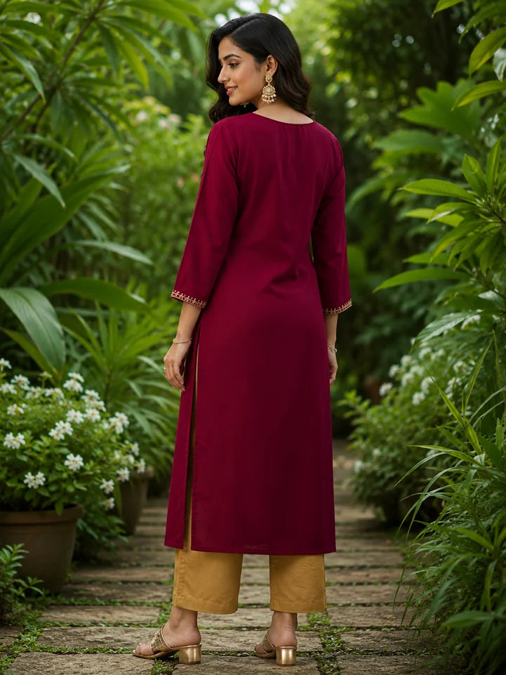 Floral Maroon Embroidered Silk Blend A-Line Festive Women's Kurta