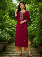Floral Maroon Embroidered Silk Blend A-Line Festive Women's Kurta