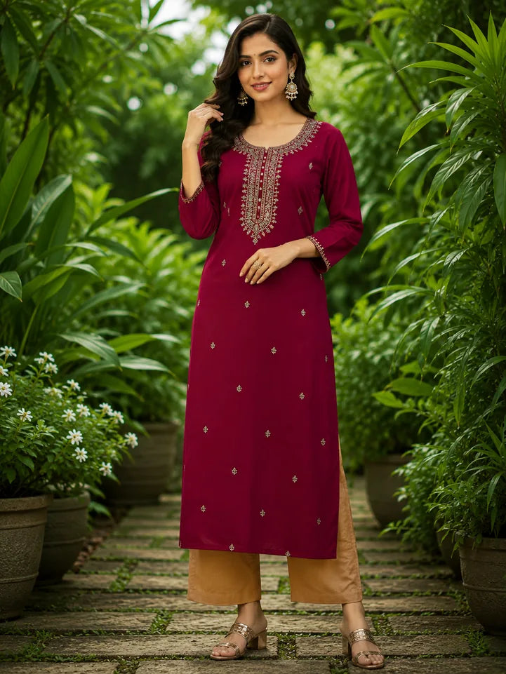 Floral Maroon Embroidered Silk Blend A-Line Festive Women's Kurta