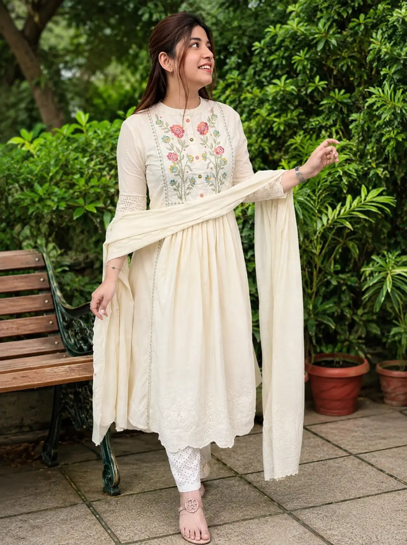 White Floral Khadi Cotton A-Line Kurta Set with Dupatta & Pants