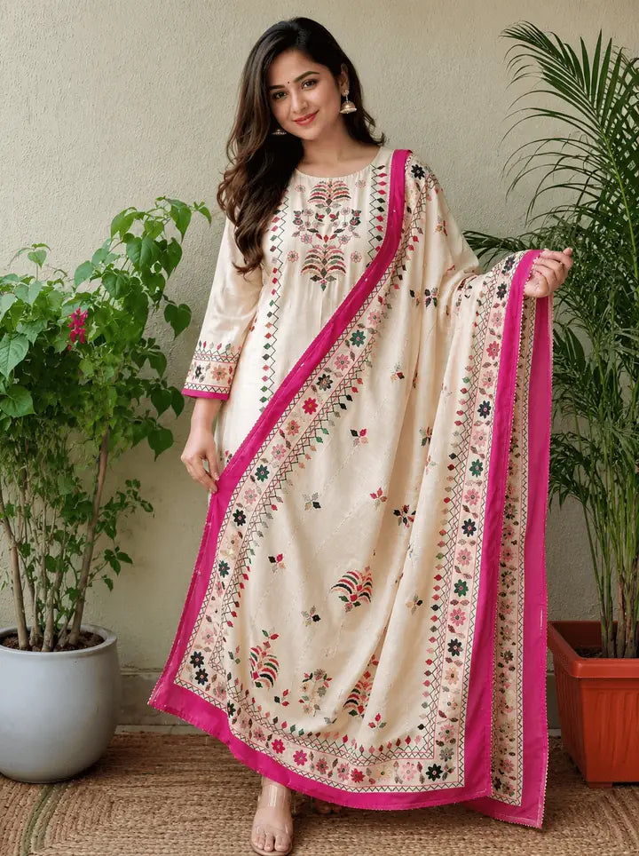 White Floral Kora Muslin Kurta with Pink Pants & Dupatta