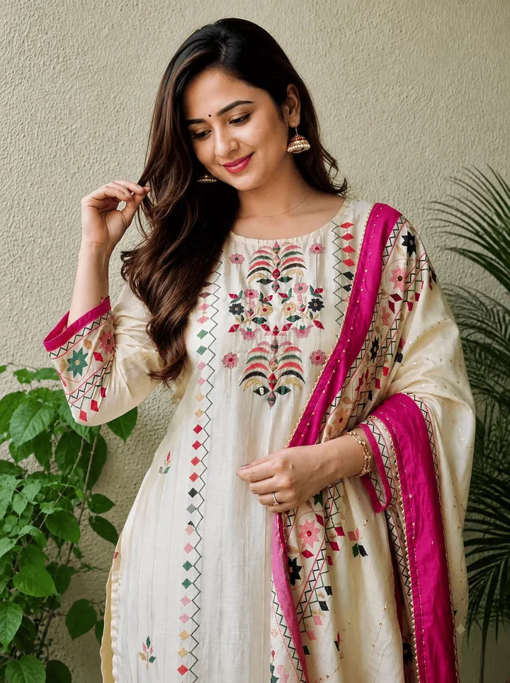 White Floral Kora Muslin Kurta with Pink Pants & Dupatta