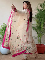 White Floral Kora Muslin Kurta with Pink Pants & Dupatta