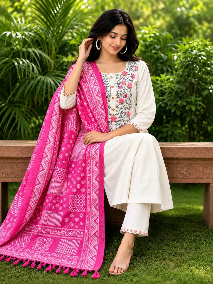 Elegant Floral Khadi Cotton Kurta Set with Dupatta & Pants