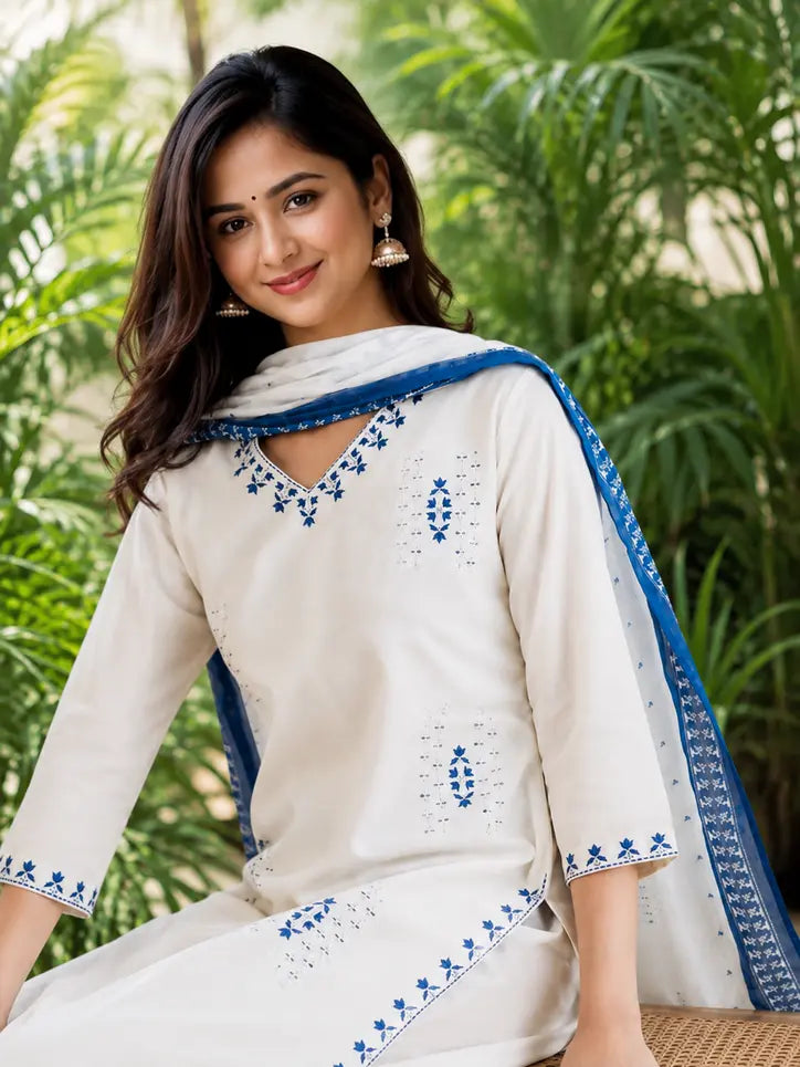 Floral Embroidered Viscose Silk Kurta Set with Palazzos