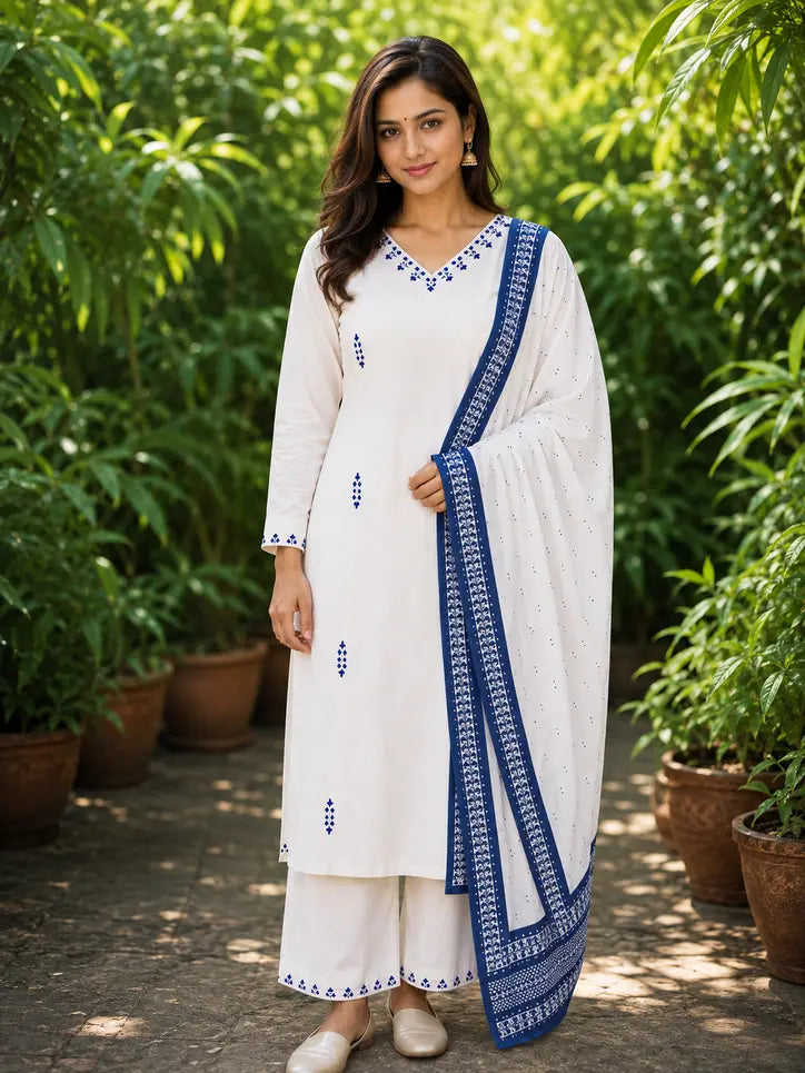 Floral Embroidered Viscose Silk Kurta Set with Palazzos